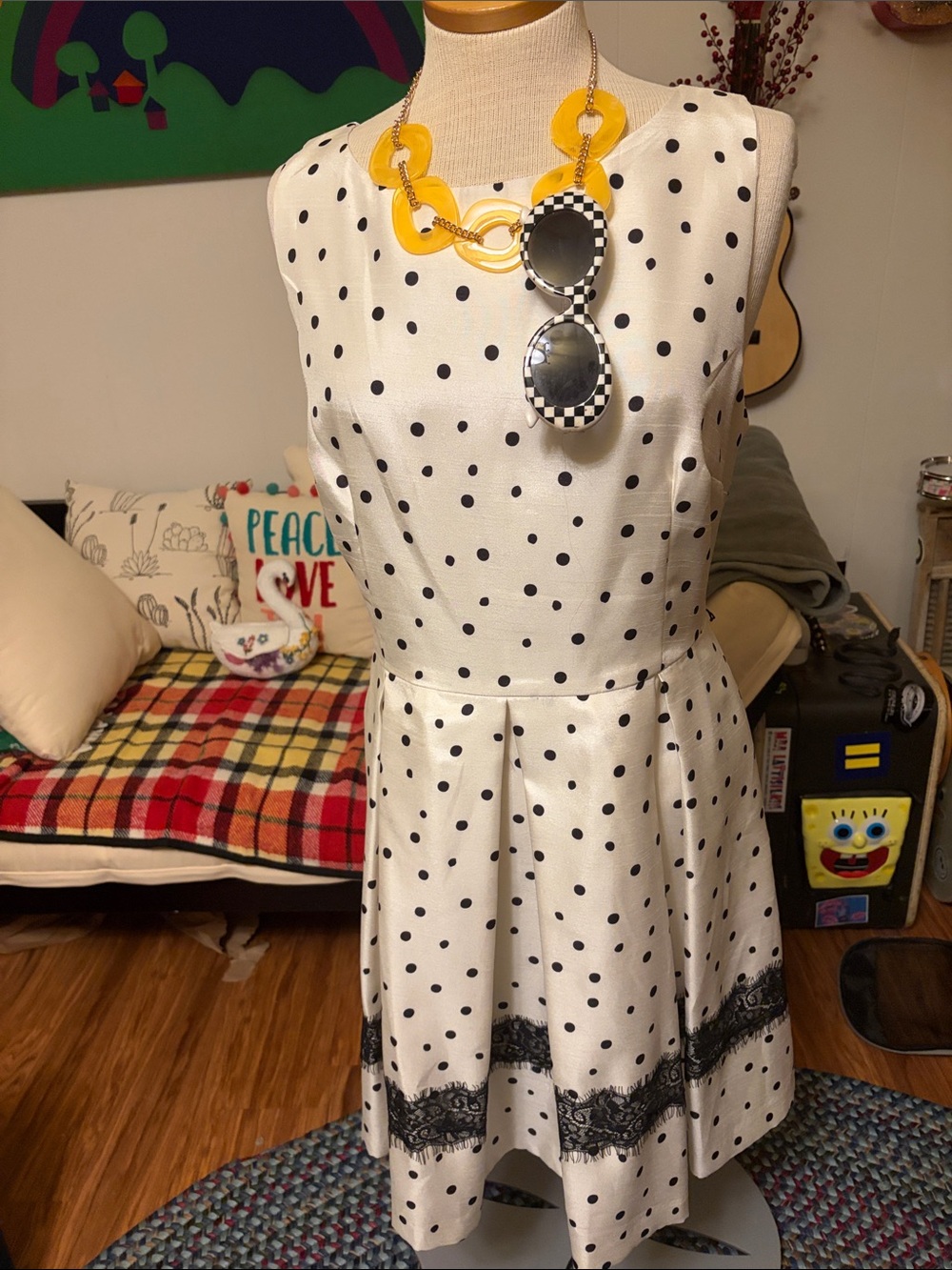 Donny and nicoles White Polka Dot Fit-and-Flare Dress with Black Lace Trim 16